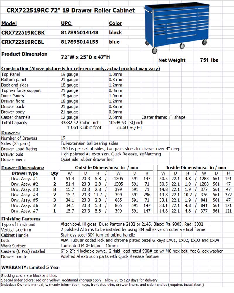 CRX7225 751 lbs tool cabinet specs